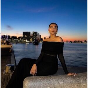 Commense  Maxi Dress Off Shoulder Long Sleeve Evening Gown Party Dress black‎ M
